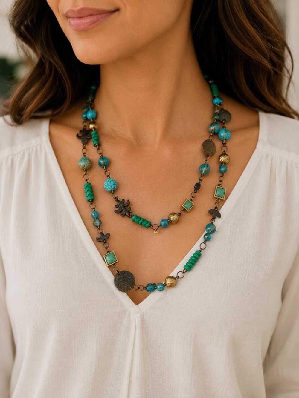 Boho Double-Wrap Turquoise Beaded Necklace